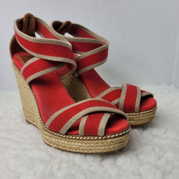 Tory Burch Adonis Womens Size 8.5 Red Blue Stripe Canvas Espadrille Wedge - Picture 1 of 8